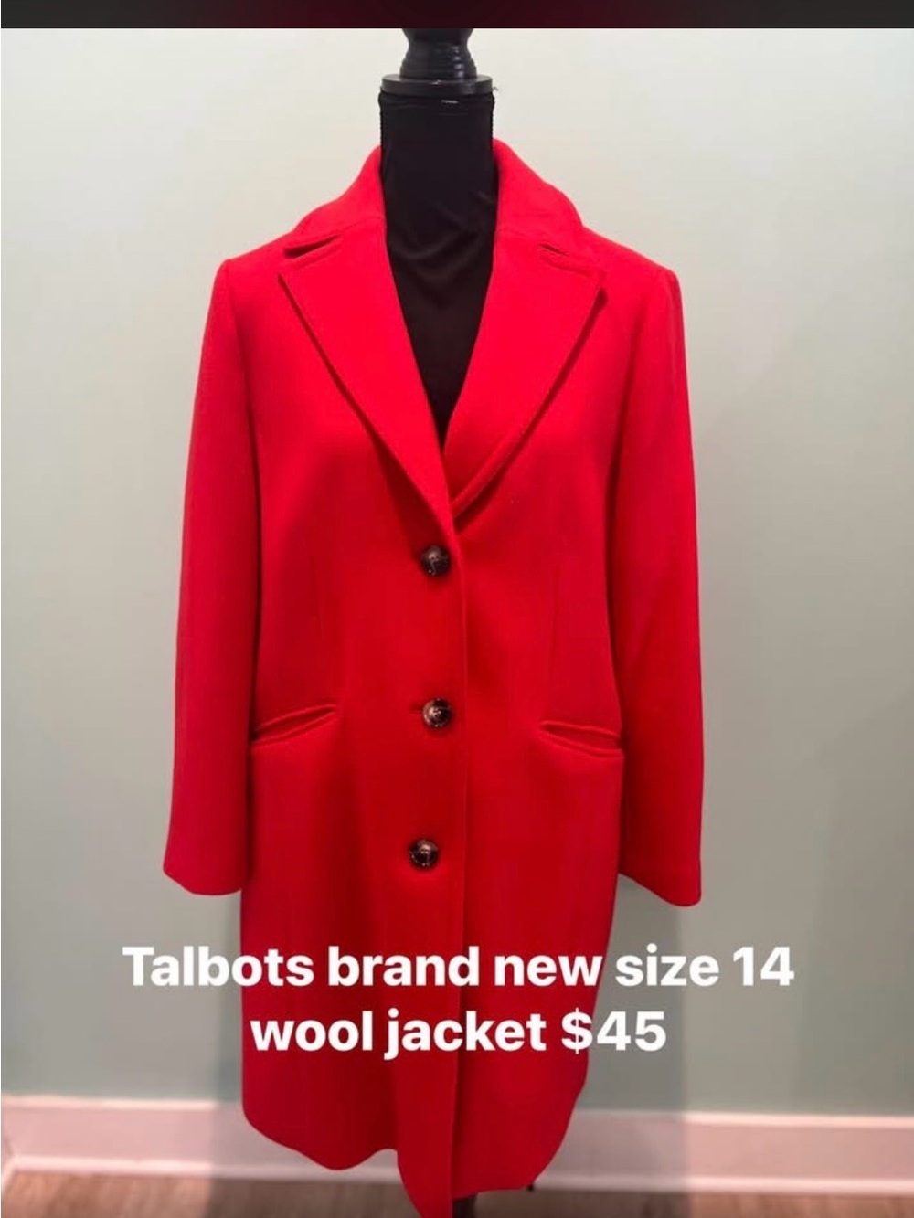 Talbots Bright Red Wool Tailored Long Coat